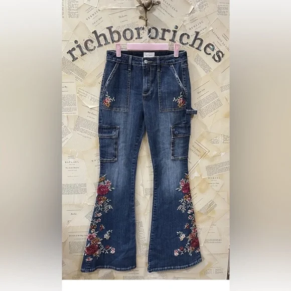Free People Driftwood Farrah Embroidered Cargo Jeans Flare Blue - Picture 5 of 7